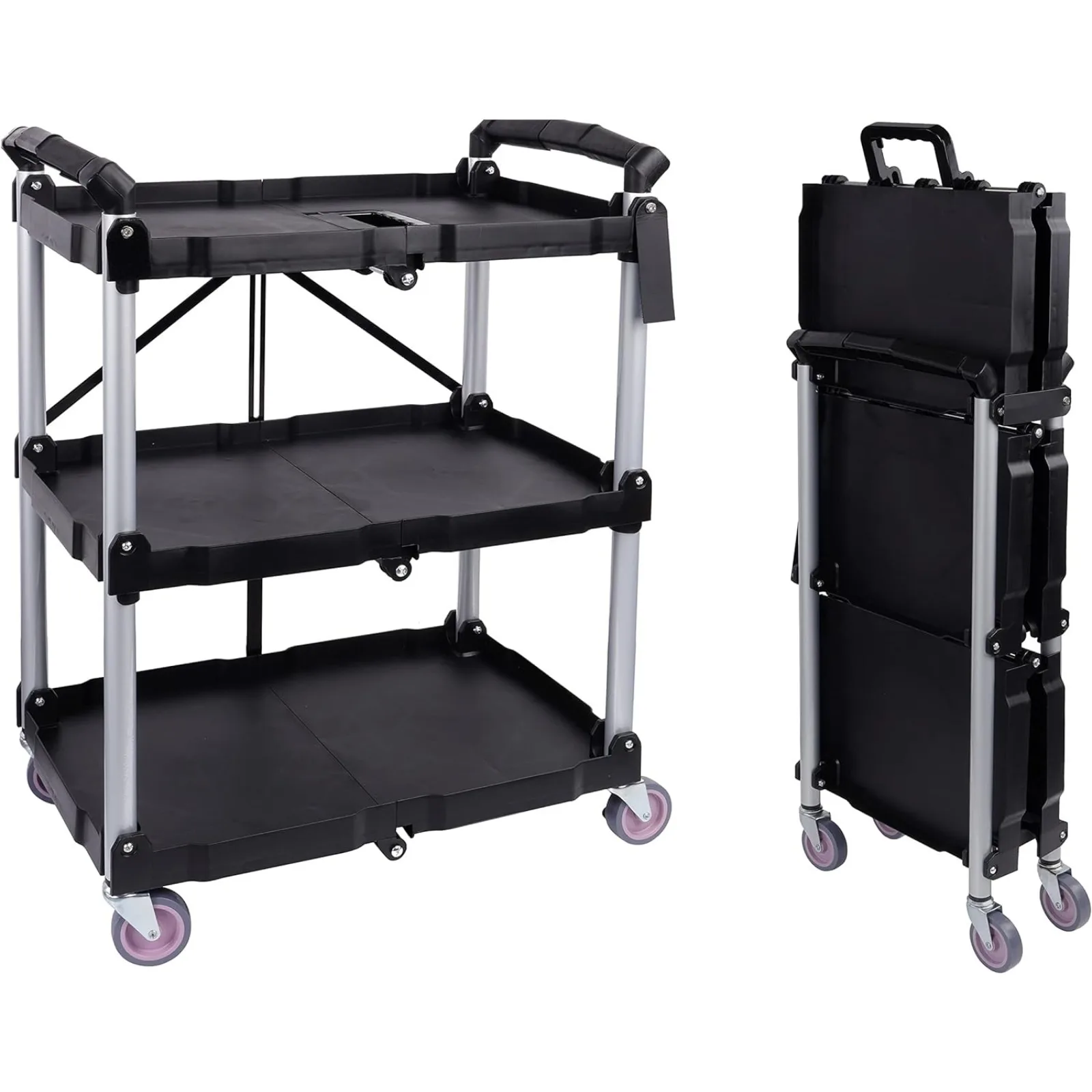 US Portable Folding Collapsible Service Cart Foldable Service Cart 3 Tier Collapsible Push Cart Folding Utilit