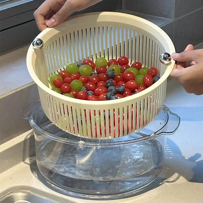 New Double Layer Kitchen Vegetable Washing Basket Fruit Drain Basket Rotating Large High Aesthetic Value Vegetable Cleaning B...