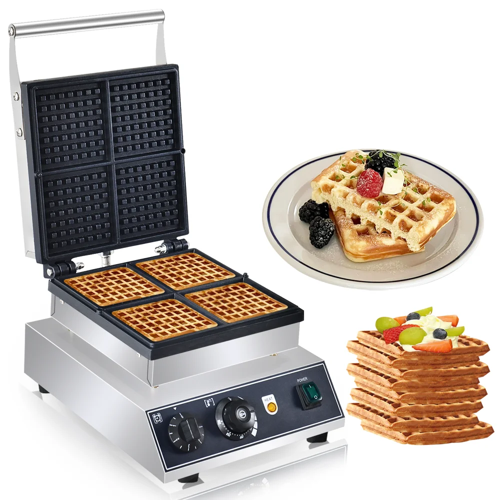 Commercial waffle maker 4pcs square waffle machine electric waffle baker Non-Stick Stainless Steel Belgian Waffle Iron with Temp