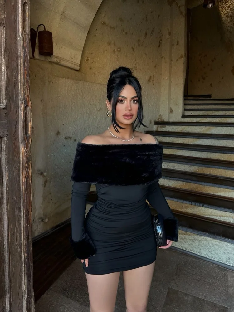 فستان قصير أنيق بكتف واحد مُزين بقطع الفراء بلون واحد للنساء فساتين بخصر كامل وأكمام طويلة للسيدات للحفلات المسائية #4