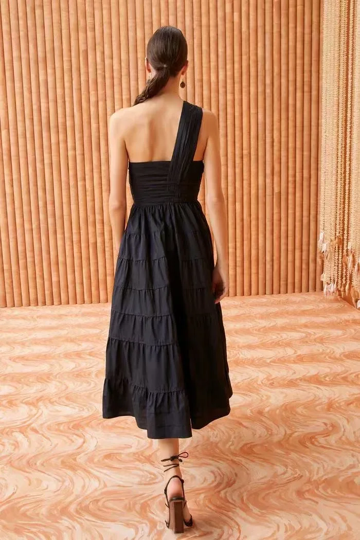 Women One Strap Strapless Folded Waist Midi Cotton Dress