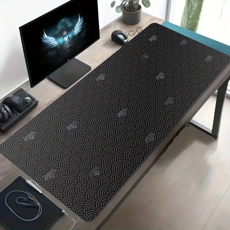 

Большой коврик для мыши для киберспорта с темно-серым узором в виде кошачьего личика и волны, нескользящая и моющаяся резиновая основа