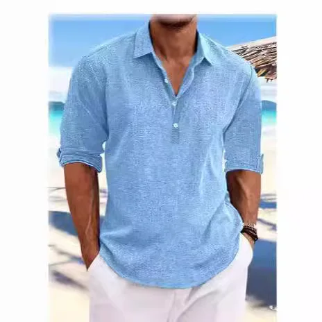 

Men's Shirts European and American Knit Sweaters Solid Color Lapel Long Sleeve Cotton and Linen Casual Shirts