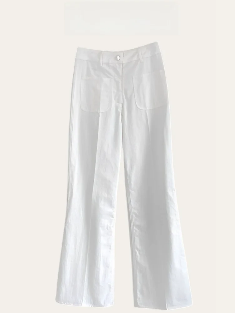 กางเกงขายาวทรงตรงผ้าลินินระบายอากาศสำหรับผู้หญิง รุ่นใหม่ประจำฤดูใบไม้ผลิและฤดูร้อน ทรงคลาสสิก เอวสูง ติดซิป ทรงหลวม สวมใส่สบาย