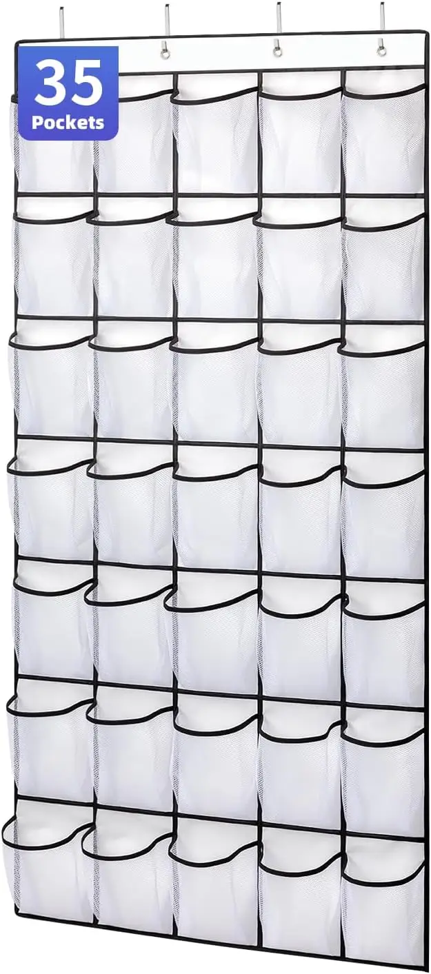 

35 Pocket Over Door Shoe Organizer, Hanging Storage Bag with Mesh Pockets, Large Capacity, White