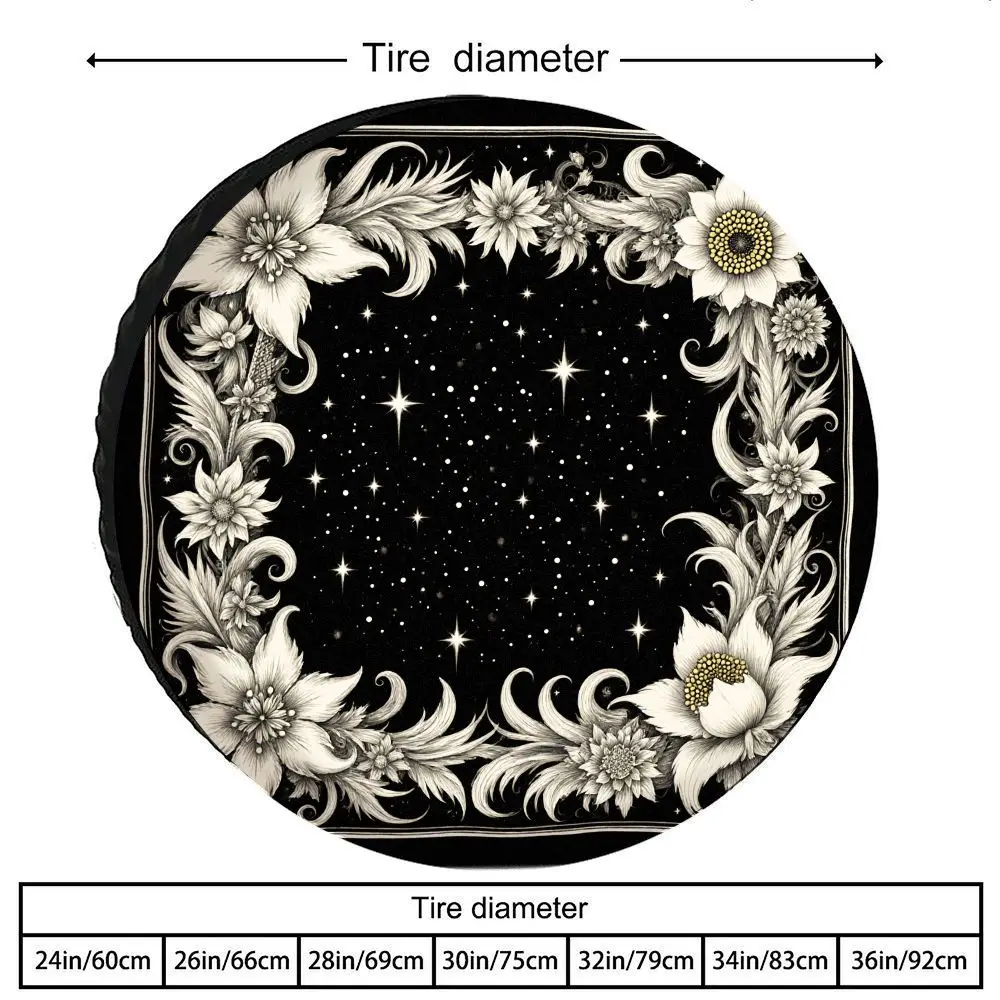 Vintage Starry Sky Floral Pattern Tire Cover, Polyester Material, Elegant Symmetrical Floral Border Decoration, Spare Tire Prote