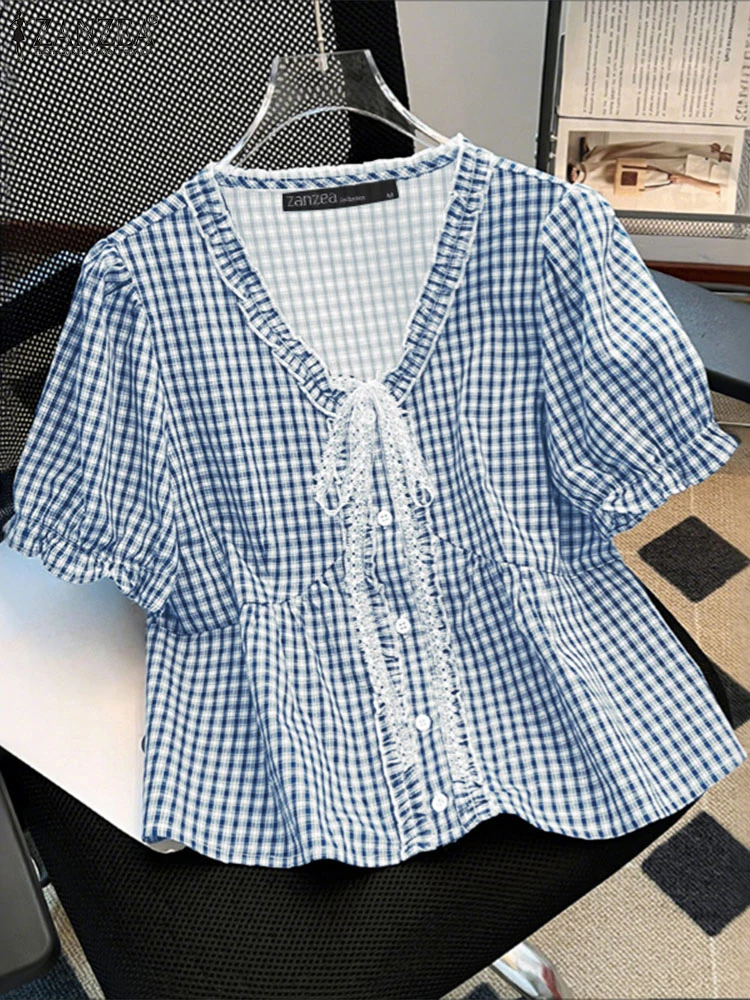 

ZANZEA Elegant Lace Plaid Shirts Women 2025 Summer Ruffled Trim V-Neck Short Puff Sleeve Button Up Chemise Femme Streetwear Tops