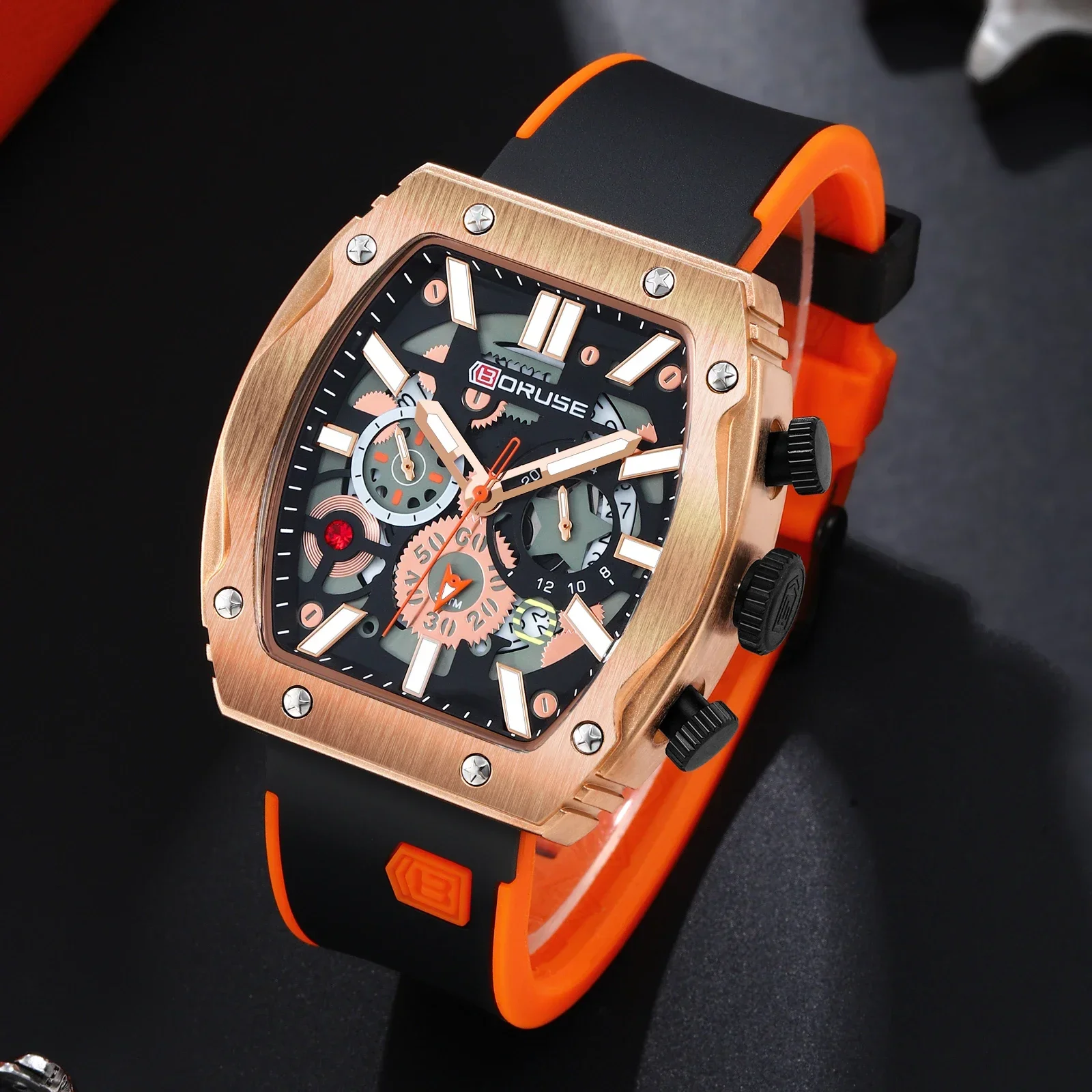 BORUSE 2Pcs/set Fashion Men's Watch Mens Black Orange Silica Strap Necklace And Watch Male Quartz Movement Is The Best Choice
