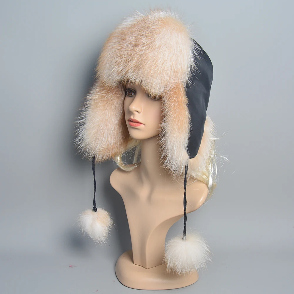 Natural Fox Fur Russian Aviation Hat with Ears Ushanka Women Winter Warm Fluffy Stylish Female Tail Cap Fashion Real Fur Hats