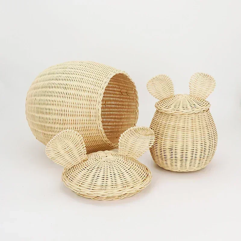 Rattan Woven Storage Basket Mouse Shaped Toy Decorating Sundries Storage Box Nordic Style Handcrafted Woven Storages Baskets