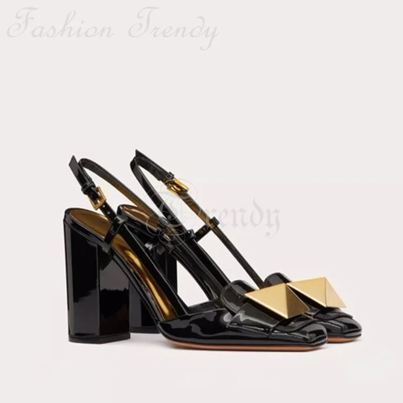 

Apricot Black Leather Folded Gold Stud Heels Women Block Gold Insole Slingback Sandals Elegant Square Shallow Pump Casual Shoes