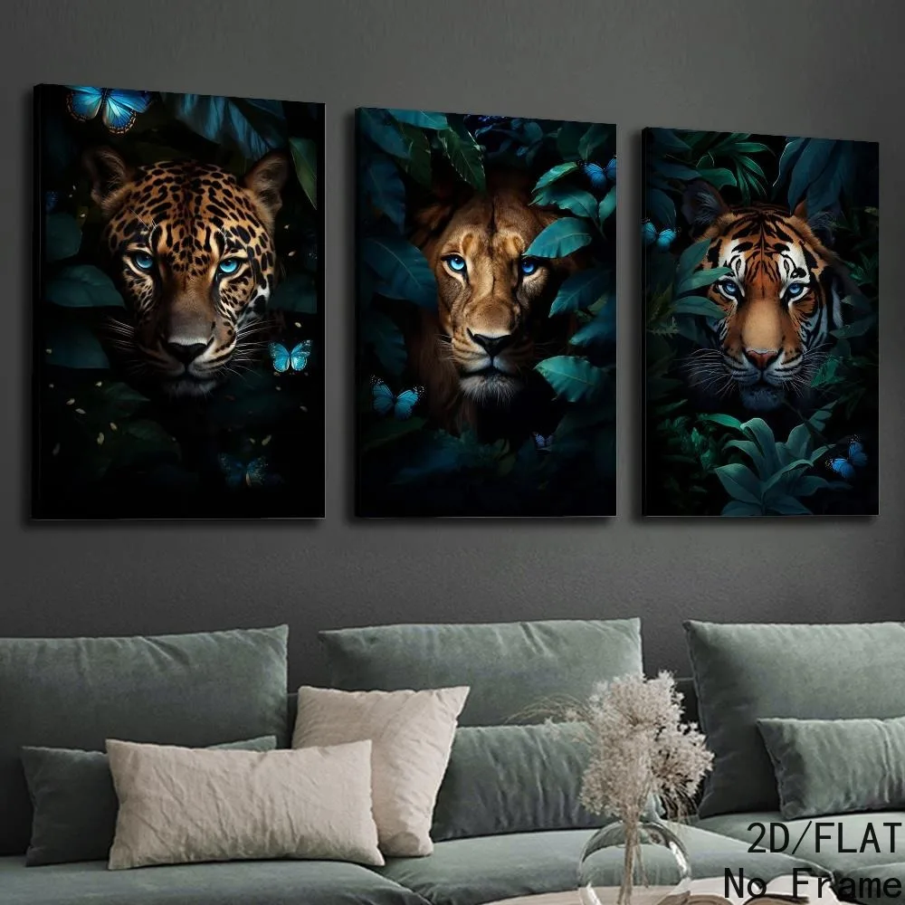 （NO Frame 3PCS）-2D Flat, 3pcs 2D Flat Animal Art Canvas Prints, Cheetah | Lion | Tiger in the Jungle Abstract Art, Home Decor