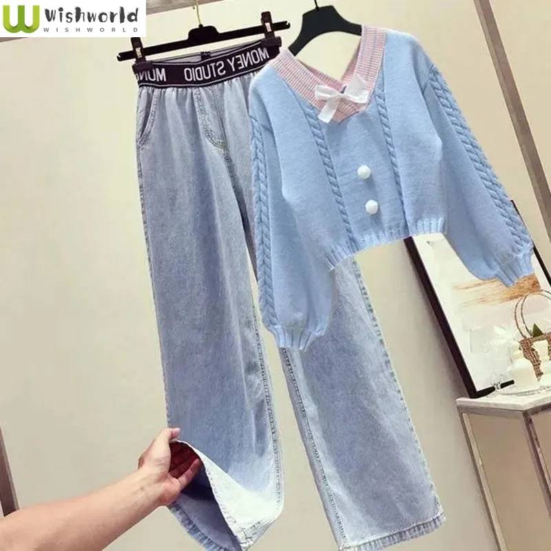 

Fashion Women's Suit Spring and Autumn New Korean V-neck Bow Long Sleeve Top High Waist Wide Leg Jeans Two-piece Set