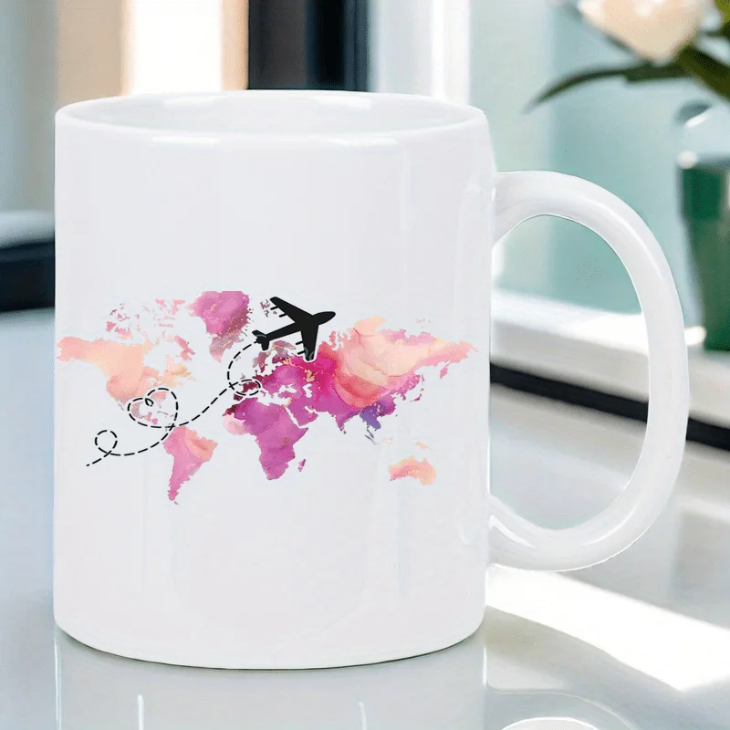 11oz White Ceramic Coffee Mug with Airplane & World Map Design - Insulated, Reusable Travel Mug for Hot & Cold Drinks - Perfect