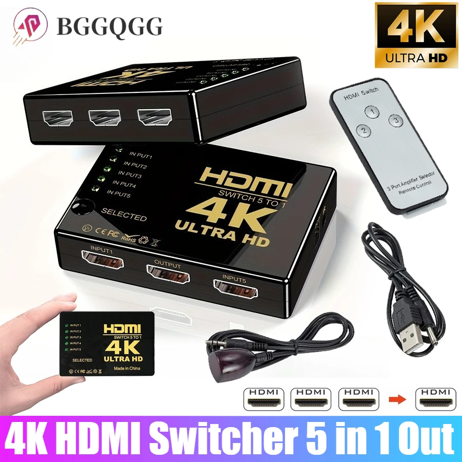 5 Input 1 Output HDMI Switch HD 4K Video Switcher with IR Remote Controller HDMI Switches for Xbox PS4 PC Laptop DVD TV HDTV