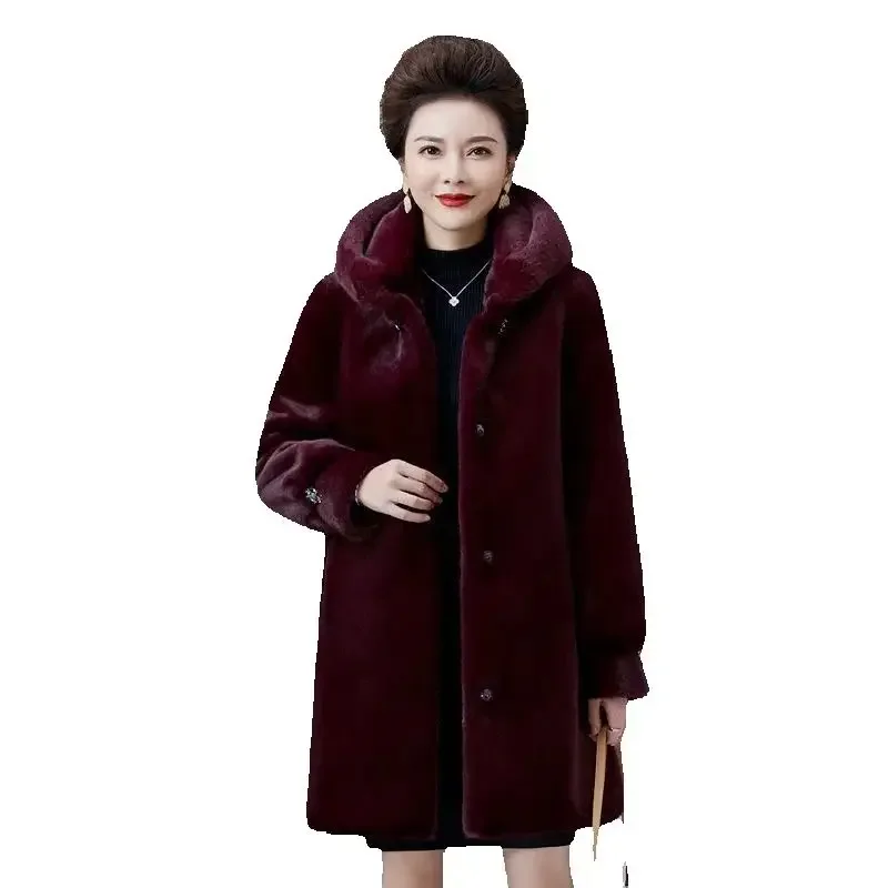Pop Pop 2024 New Mink Coat Female Mid-Elderly Mother Whole Mink Fur Mid-Long Parka Mother's Mink Velvet Coat Imitation Fur Coat