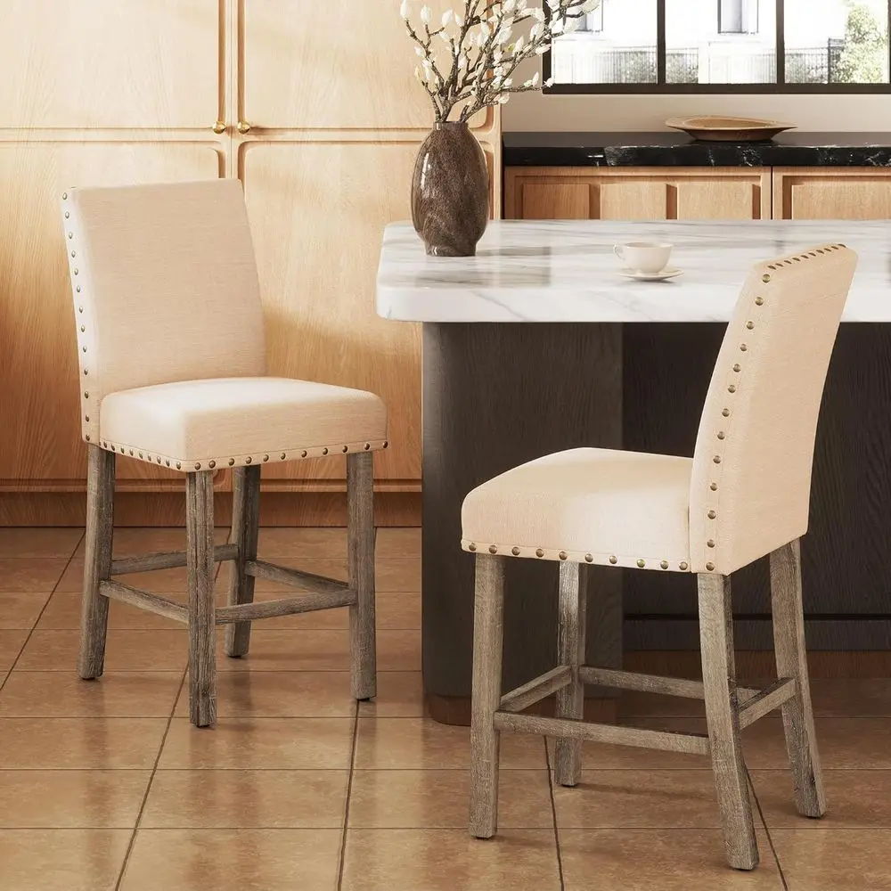Set of 2 Linen-Covered Counter Height Bar Stools with Ergonomic Backrest and Wood Legs, Beige