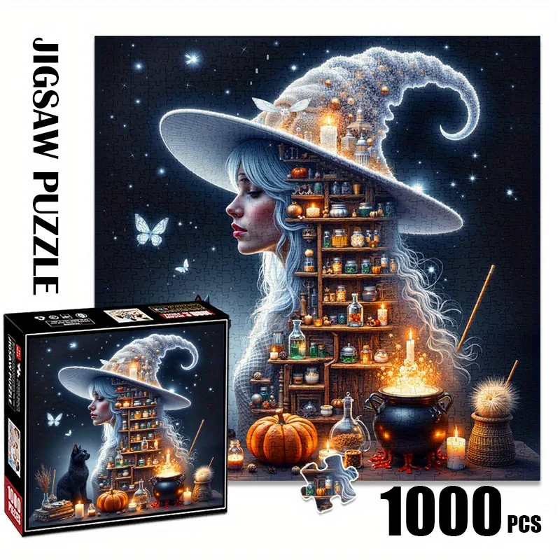 1000피스 대형 마녀 마법 종이 퍼즐 성인 및 가족용 - 내구성 있는 종이 상자로 두뇌를 자극하는, 무서운 홀 테마