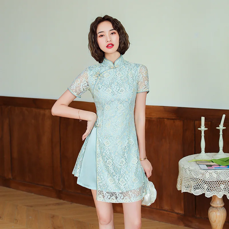 2022 Summer Green Lace Aodai Cheongsam New Improved Short Small Fashion Dress Qipao Skirt Traditional Chinese Dress for Women