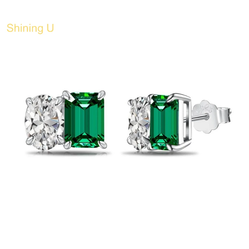 Shining U S925 Silver Emerald Zircon Stud Earrings for Women Fine Jewlry New Year Gift