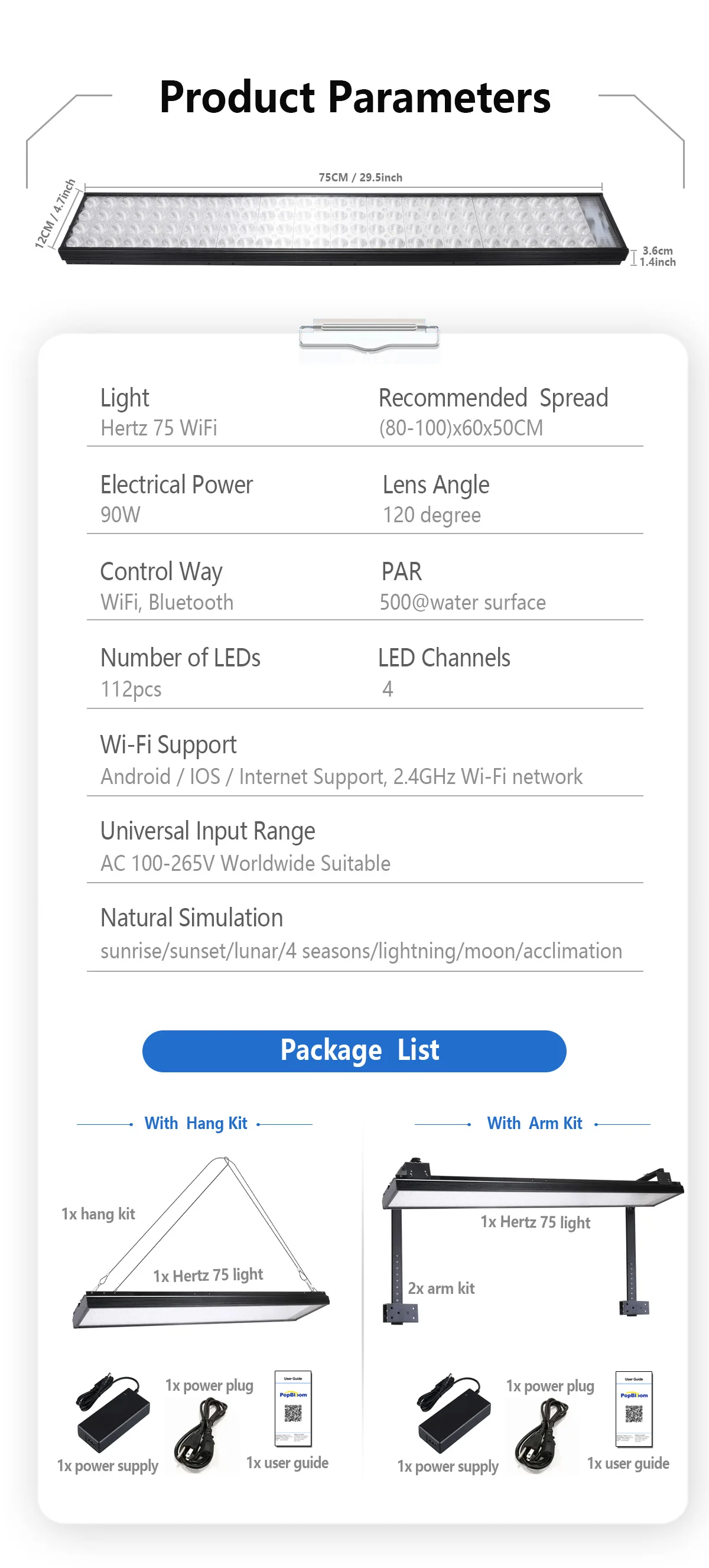 PopBloom-Marine Aquarium Lamp, Full Spectrum Programmable LED for Aquarium, Reef Coral, SPS/LPS, 36"/3ft, 80-100cm