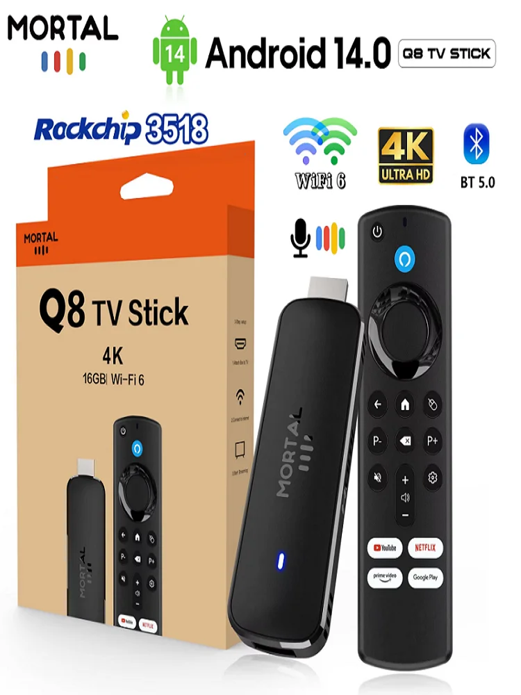 HTMCK Mortal Q8 글로벌 버전 TV 스트리밍 스틱, 음성 제어 리모컨 지원, 4K/8K 비디오 디코딩, Wi-Fi 6 지원 홈 미디어 플레이어