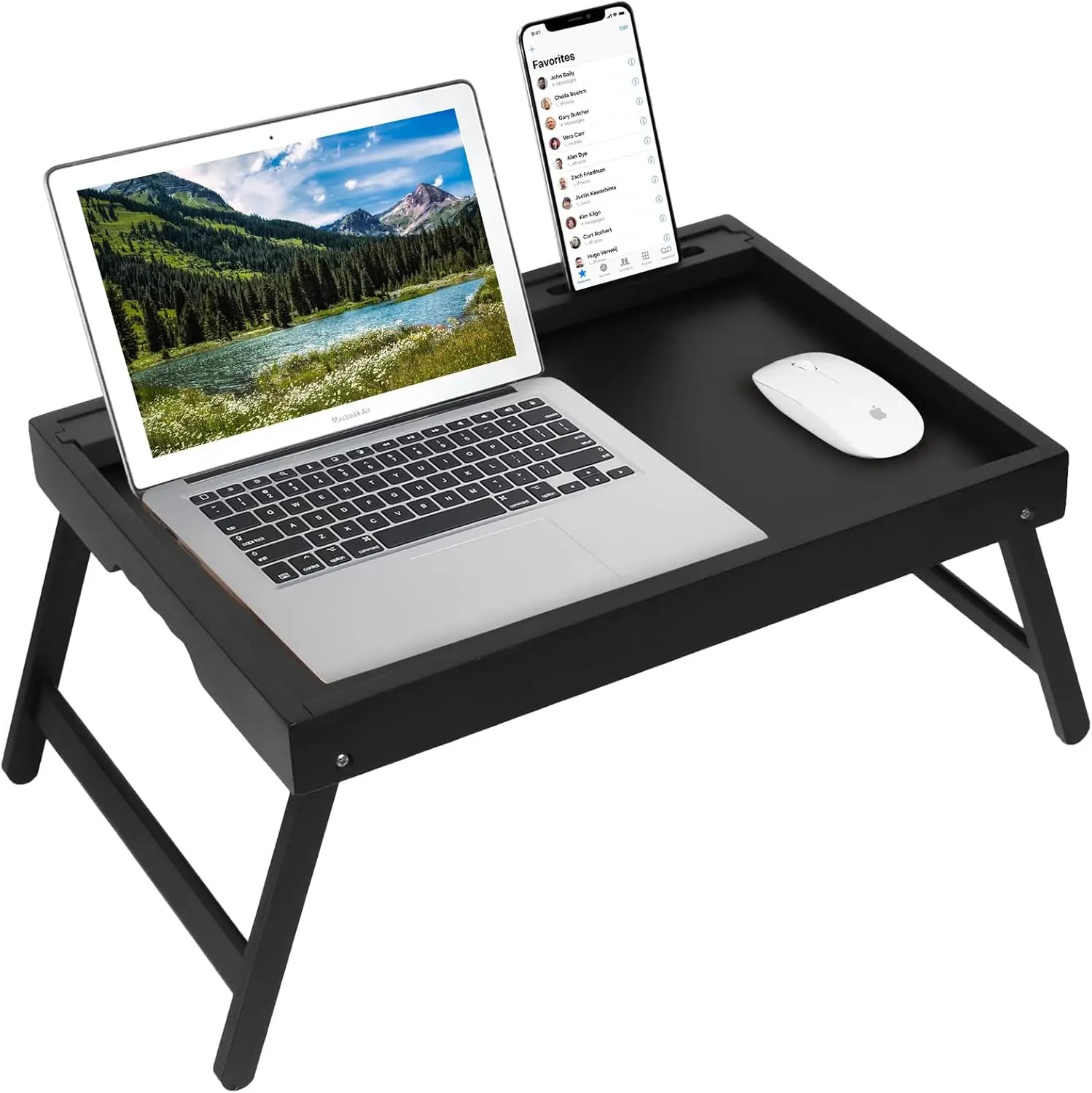 

Foldable Bamboo Bed Tray with Media Slot, Extra-Large Black Serving Tray for Laptop Desk and Snacks