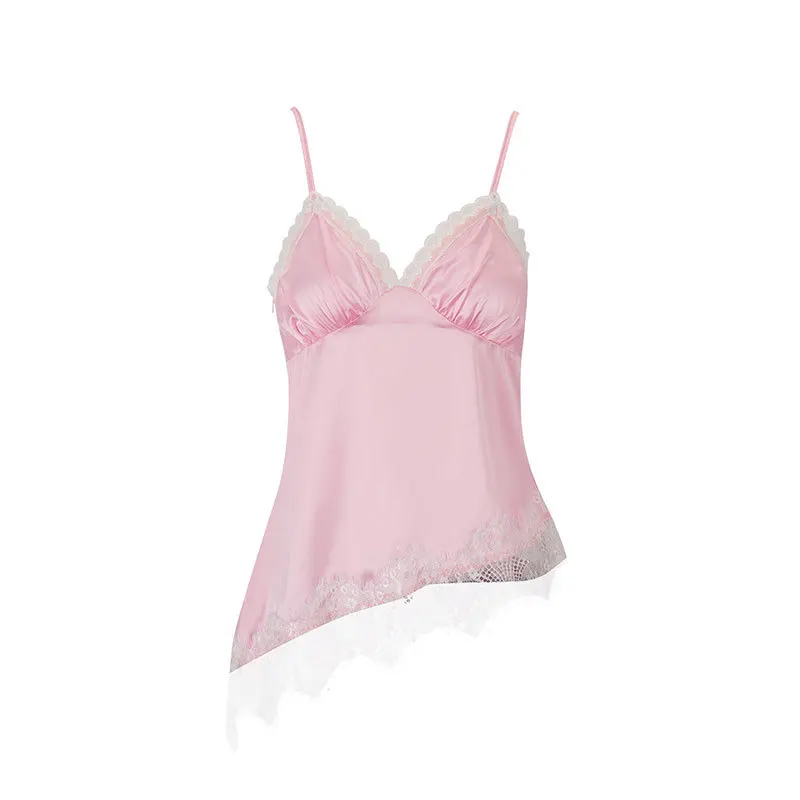 Women's Satin V-Neck Lace Trim1-Pc Sexy Mini Sexy Pink Top Summer New Thin Breathable Casual Wear Double Strap Polyester Blend