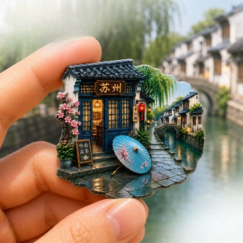 Suzhou Pingjiang Water Town Fridge Magnet - Picturesque 3D Chinese Souvenir Unique Travel Gift for Zen & Riverside Decor