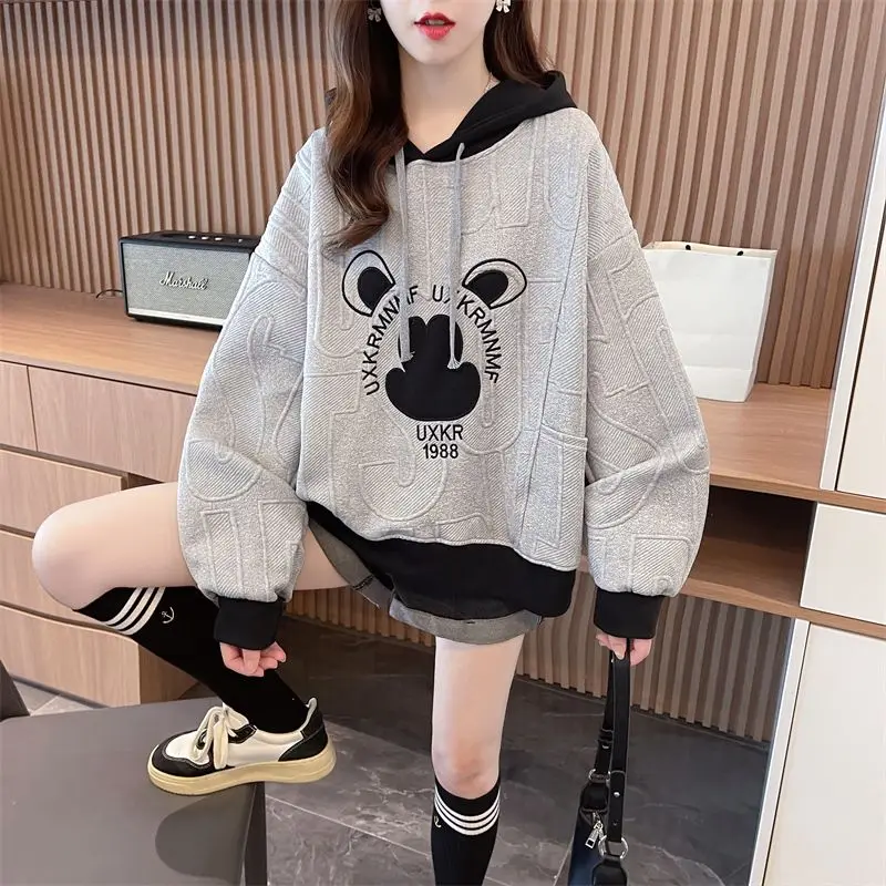 Fashion Pockets Letter Embroidery Hoodies Sweatshirts Female Clothing 2024 Autumn Winter New Loose Casual Tops Sweet Sweatshirts