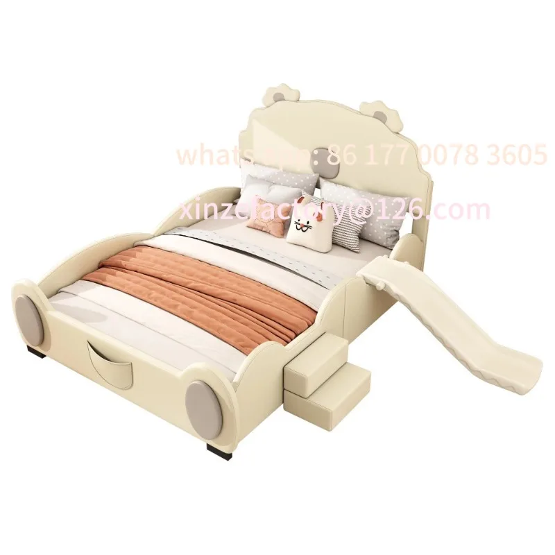 سرير كرتوني 140*200 سم قابل للتخصيص، سرير أطفال، سرير دب، مزود بشريحة وسلم، مادة PU، سهلة التنظيف #1