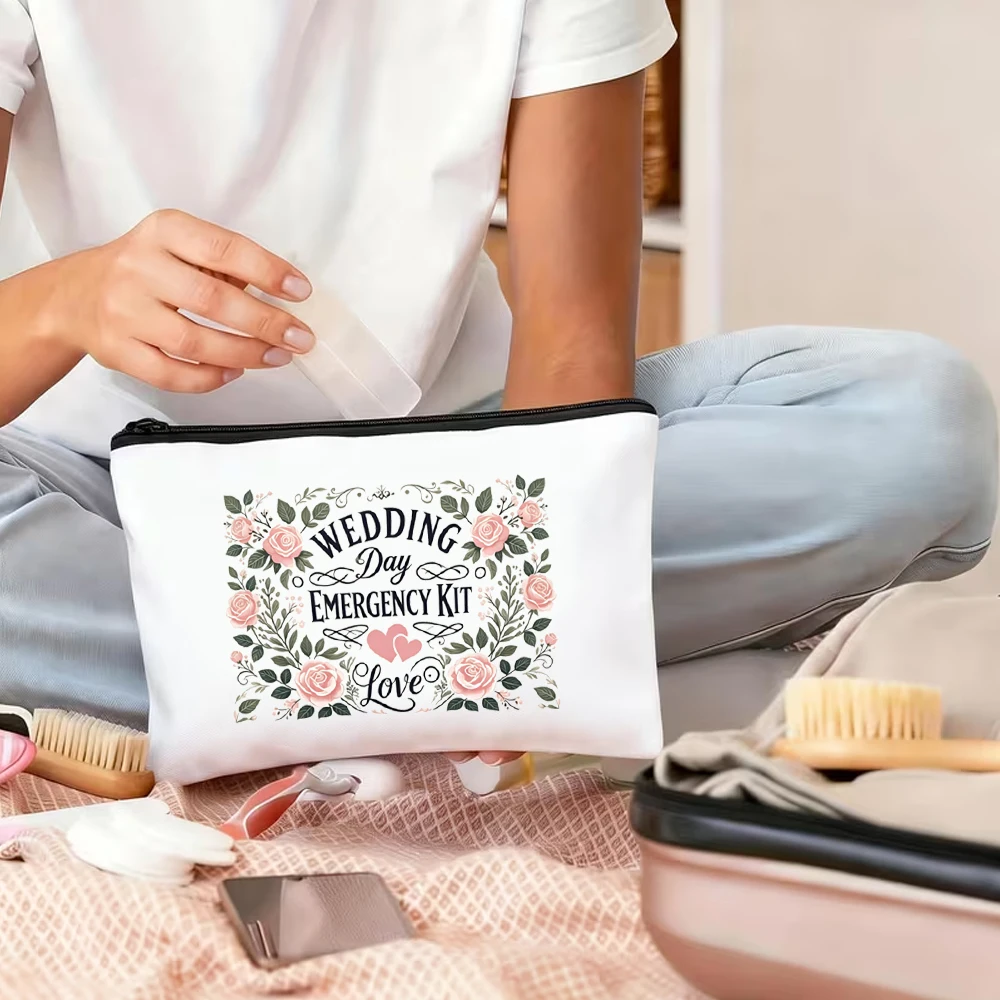 Floral Wedding Emergency Kit Fashionable and Convenient Cosmetic Bag with Wrist Strap Bridal Toiletry Bag Lightweight Zipper Storage Bag Wedding Day Emergency Kit