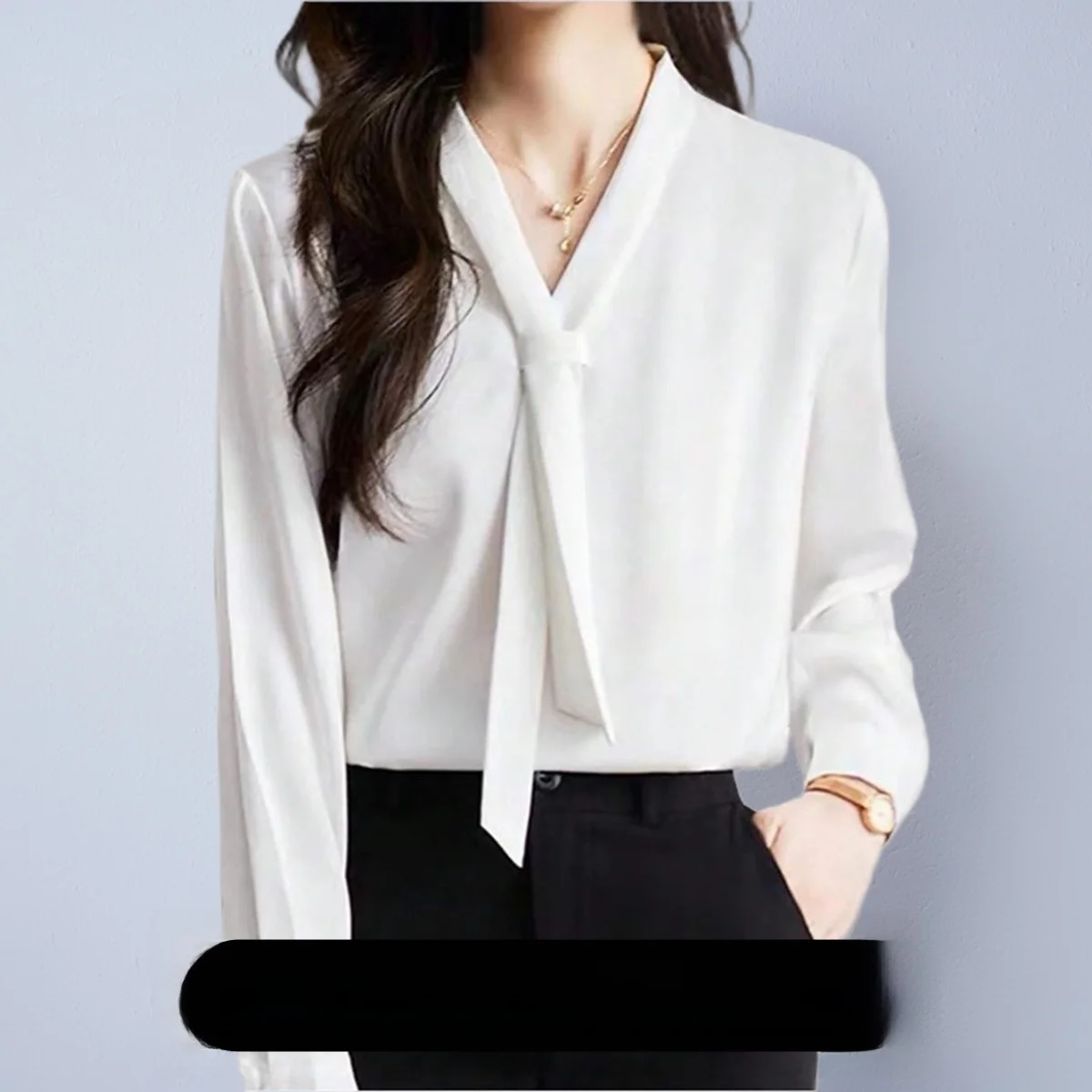 

Elegant Design Direct Sale Polyester Satin Basic Style Commute Style Fashionable Women's Long Sleeve V-Neck Shirt with Sash