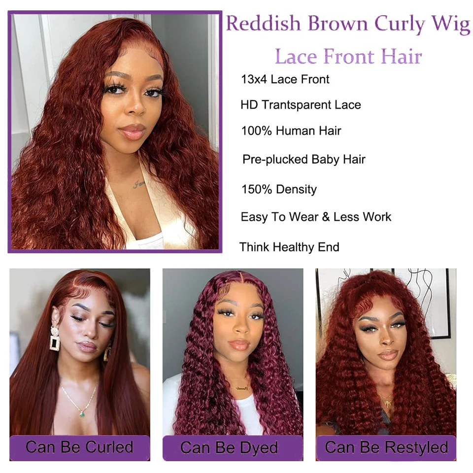 30 36 Inch Reddish Brown 13x4 Lace Front Human Hair Wigs Deep Wave Dark Red Brown 13x6 Pre Plucked HD Lace frontal Wig