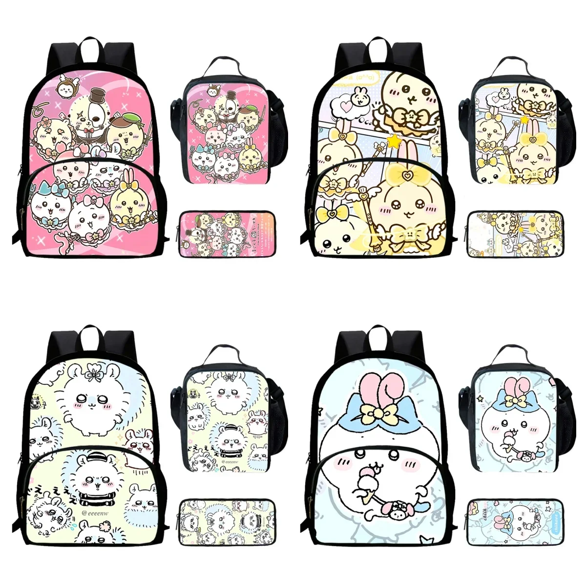 Cartoon Chiikawa Child Backpack with Front Pocket,Lunch Bags,Pencil Bags for Aged 5-10,Cartoon School Bags for Boys Girls