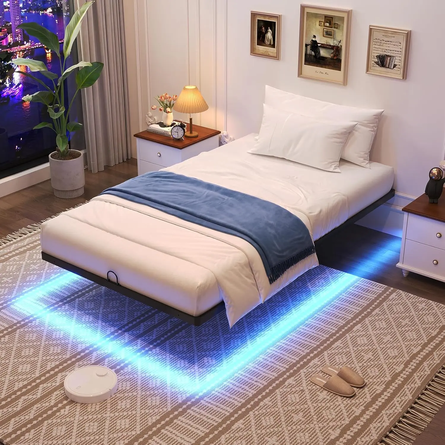 

Twin XL Floating Bed Frame with Smart LED Lights, Heavy Duty Metal Platform, No Box Spring Needed, Easy Assembly