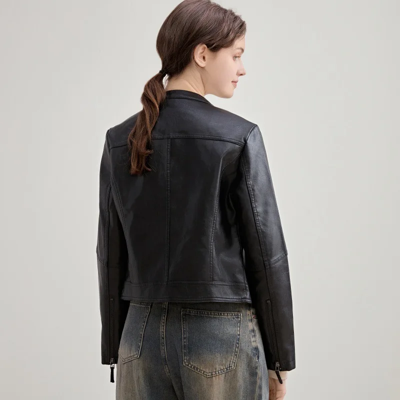 Compre roupas de couro outono gola ajuste fino motocicleta pu couro lavado moda feminina jaqueta curta