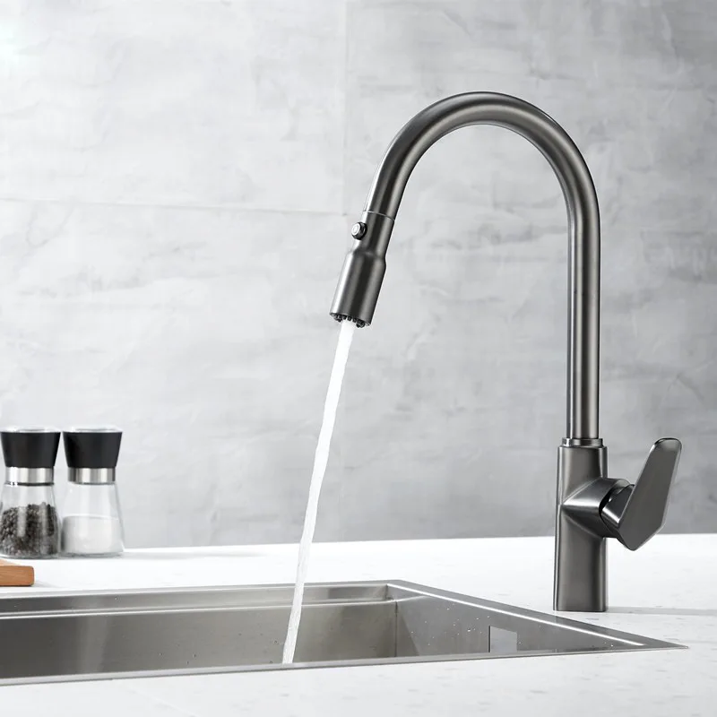 Full copper gun gray, kitchen faucet, pull-out type, washing basin, rotating