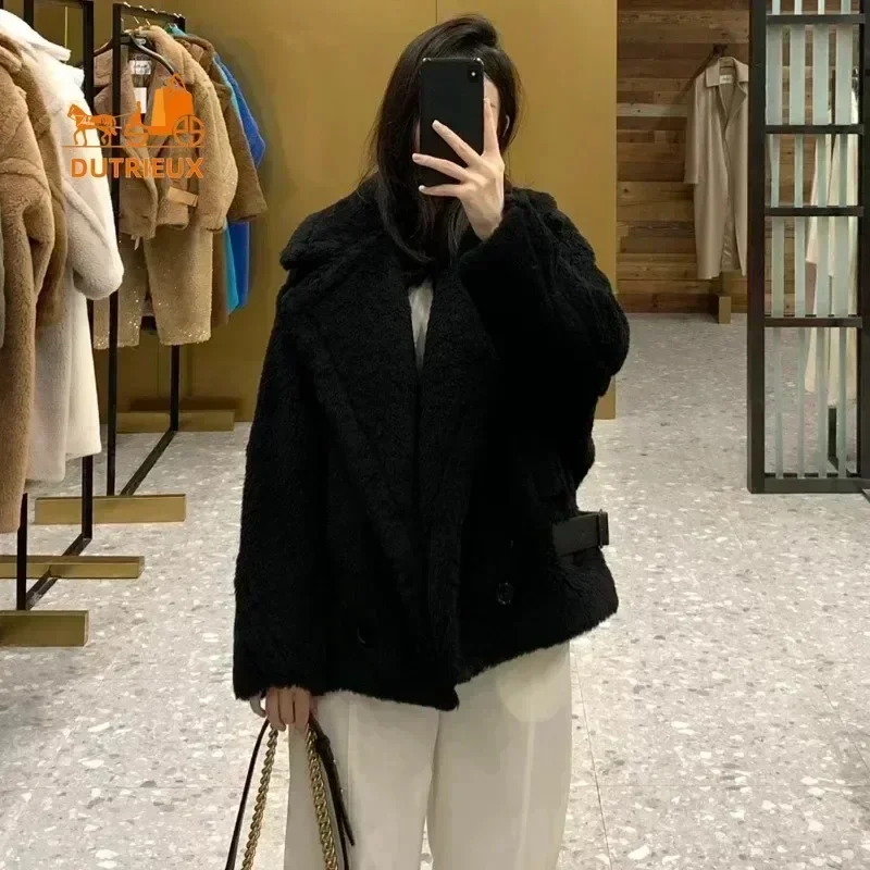 Nieuwe korte teddyjas dames, 60% alpaca28% wol12% zijde, winter warm dubbelzijdig teddy kasjmier wol korte jas dames, echte bontjas