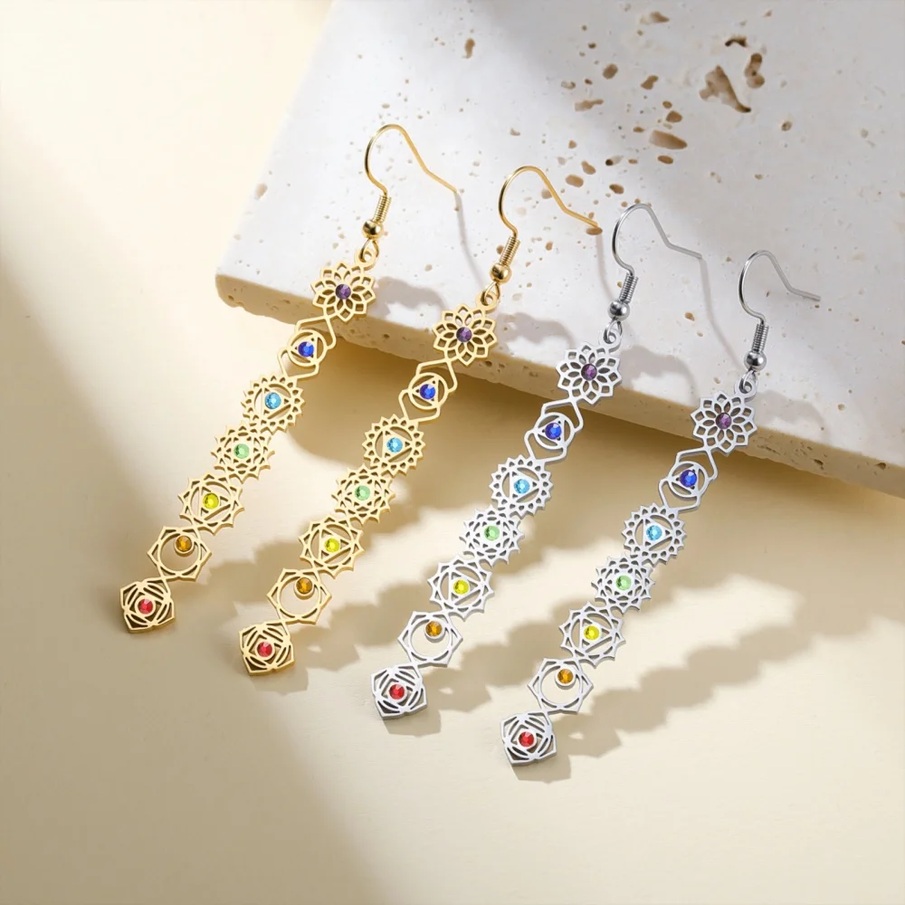 111Yoga 7 Chakra Zircon Drop Earring for Women Stainless Steel Gold Color Long Earrings Meditation Amulet Jewelry Birthday Gift