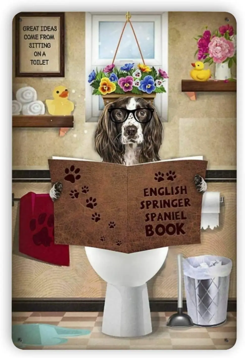 English Springer Spaniel Reading Book in Vintage Metal Tin Signs, Retro Art Tin Sign Decorations Plaque fo Bars Club Cafe H sign