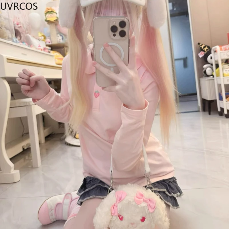 Japanese Kawaii Lolita Style T-Shirts Women Swweet Strawberry Embroidery Peter Pan Collar Long Sleeve Tees Harajuku Y2k Pink Top