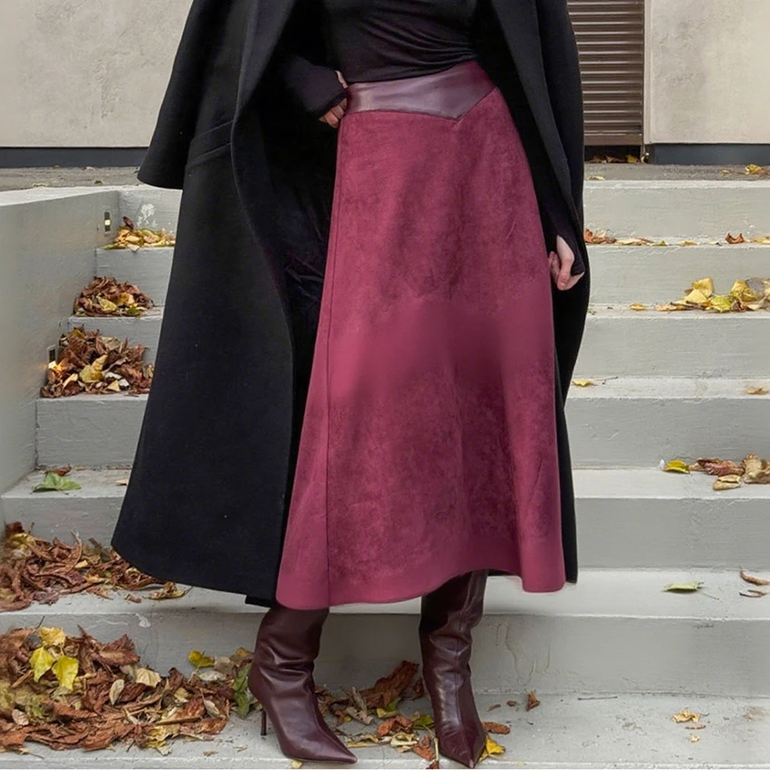 

Linad Винтажные винно-красные длинные юбки трапециевидной формы, уличная шикарная вязаная свободная юбка до середины икры, женская осенняя модная бархатная элегантная юбка для женщин