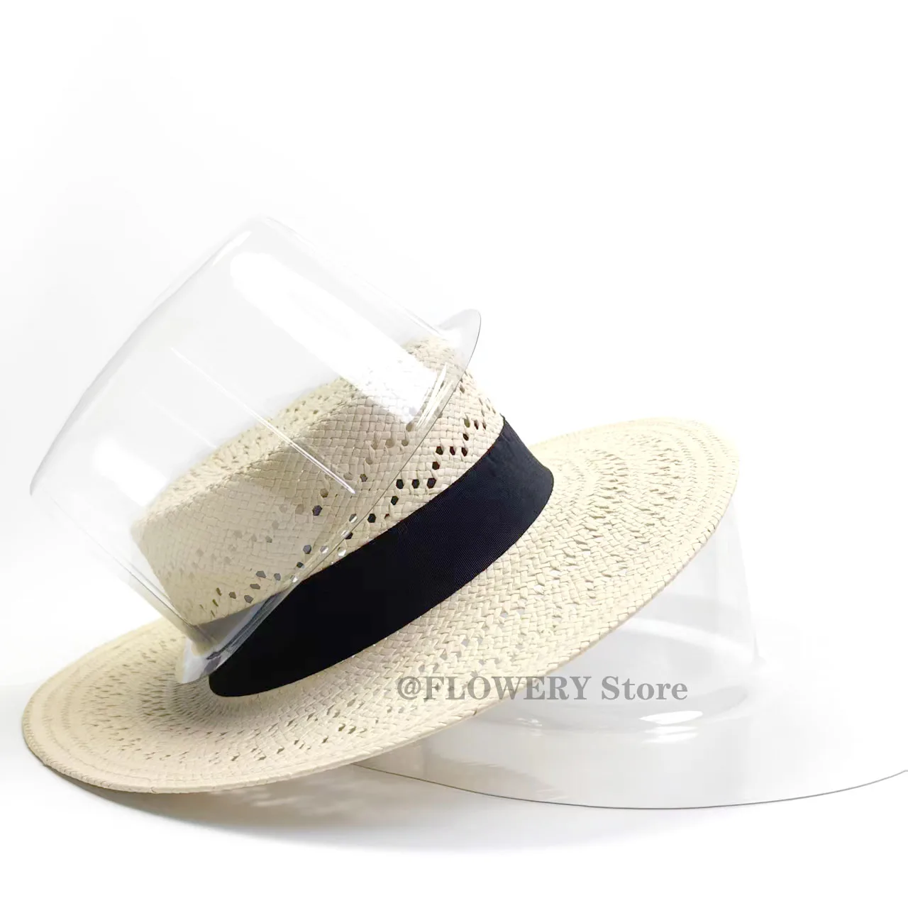 

Spring and Summer New Style Fashion Casual Braided Straw Hat with Ribbon Stripes and Openwork Design for Sun Protection and Shad
