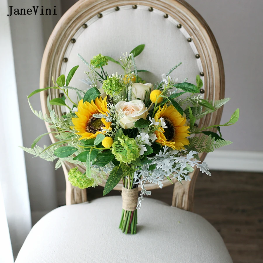 

JaneVini Elegant Autumn Sunflowers Bridal Bouquets Champagne Roses Artificial Eucalyptus Silk Flowers Wedding Bouquet for Bride