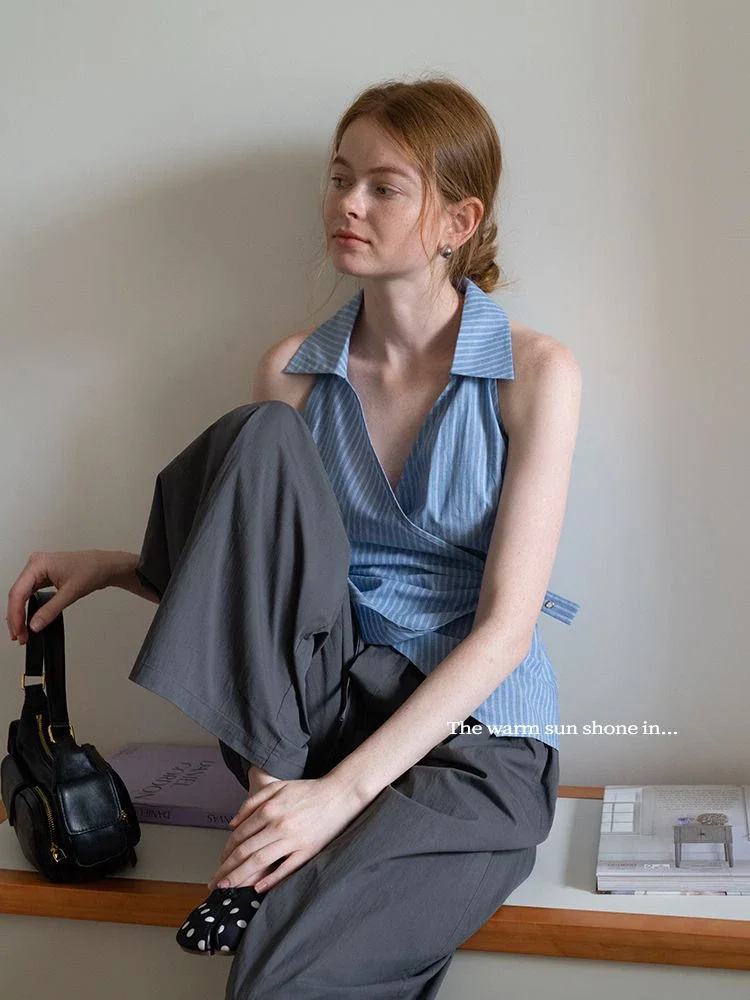 Корейские новые сексуальные майки в нерегулярную полоску с v-образным вырезом, женские летние тонкие элегантные топы без рукавов, модные простые майки с лацканами