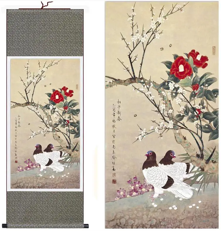 Traditional silk art  painting Peace dove on the flower tree   Chinese Art Painting Home Office Decoration Chinese painting