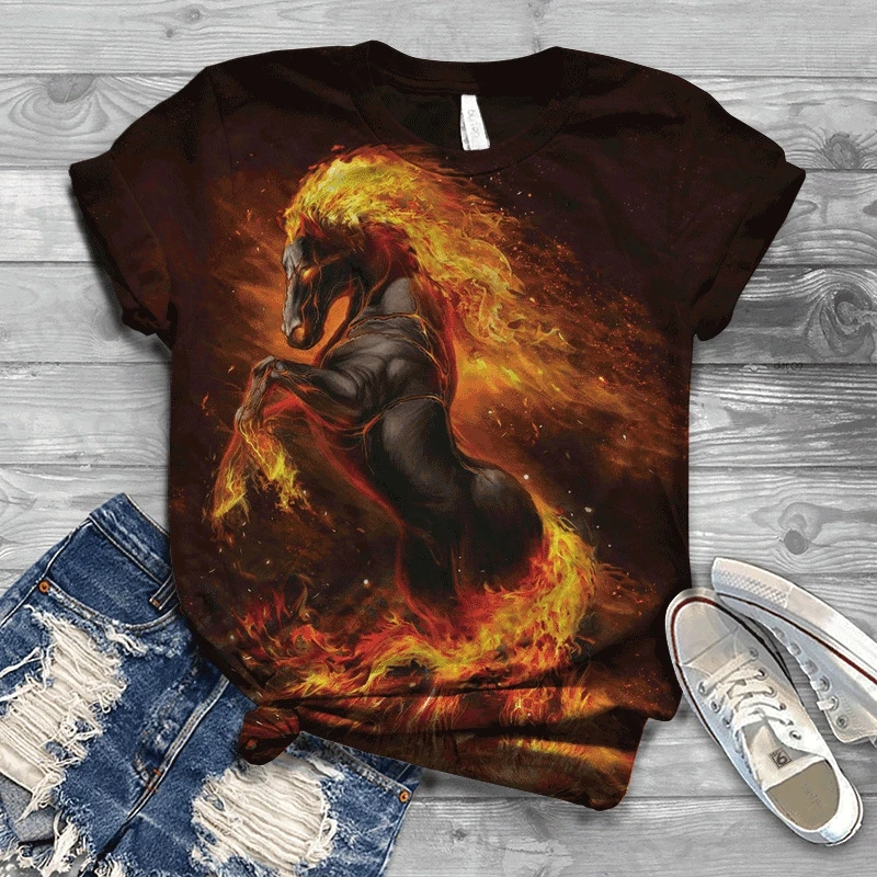 Women T-shirt 3d Horse Print Tshirt Women Fashion Crew Neck Short Sleeve T-shirt Animal Graphic T Shirt Ladies Tops Tees Y2k