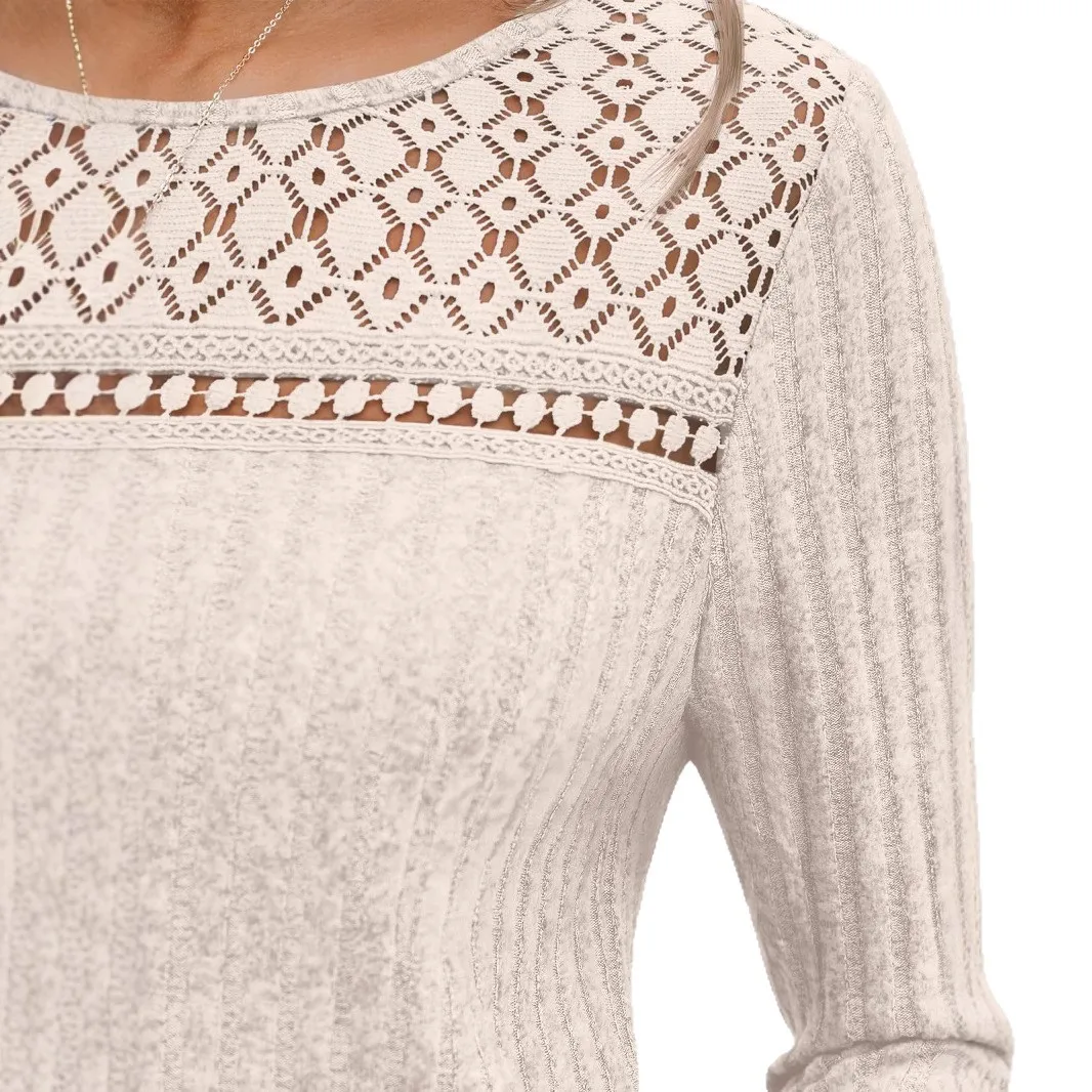 Frauen Langarm Pullover Tops Rundhals Aushöhlen Spitze Elegante Casual Blusen Weibliche Vielseitige Bodenbildung Strickwaren Shirts