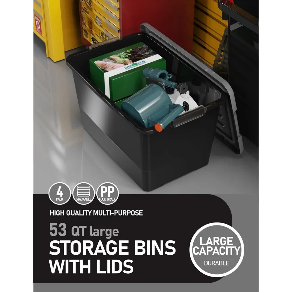 صناديق تخزين بلاستيكية قابلة للتكديس بسعة 53 لترًا، 4 عبوات من الحاويات السوداء مع أبازيم ومقابض للإغلاق، متينة للتنظيم